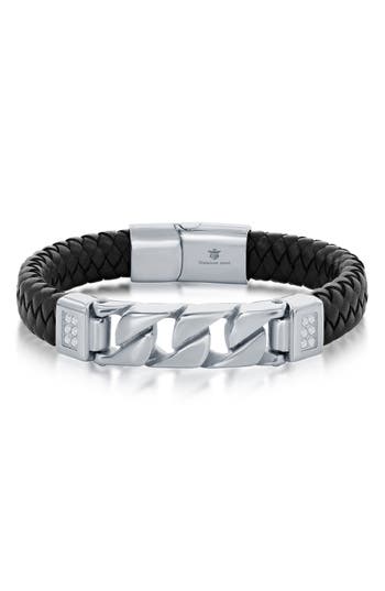 Blackjack Braided Leather & Stainless Steel Cz Bracelet In Black