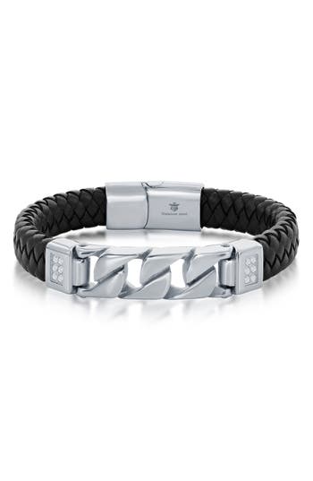 Blackjack Braided Leather & Stainless Steel Cz Bracelet In Black/silver