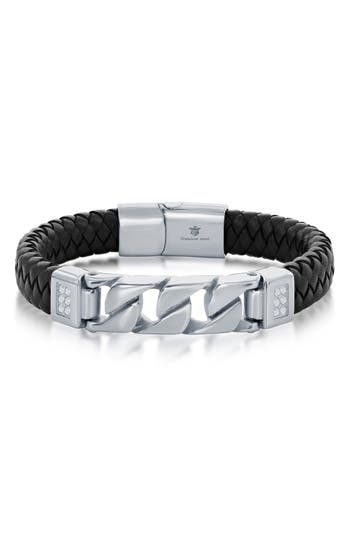 Blackjack Braided Leather & Stainless Steel Cz Bracelet In Black/silver