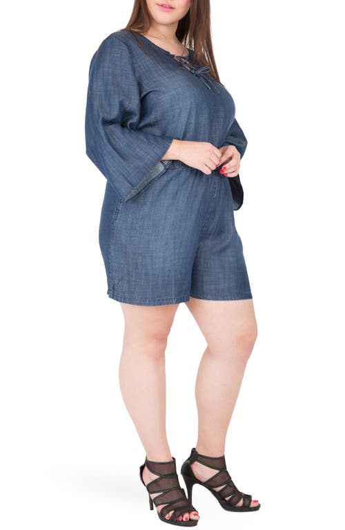 Standards & Practices Plus Bell Sleeve Lace Up Denim Romper In Navy