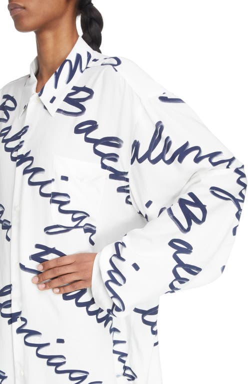 Shop Balenciaga Brushstroke Logo Long Sleeve Button-up Shirt In White/navy