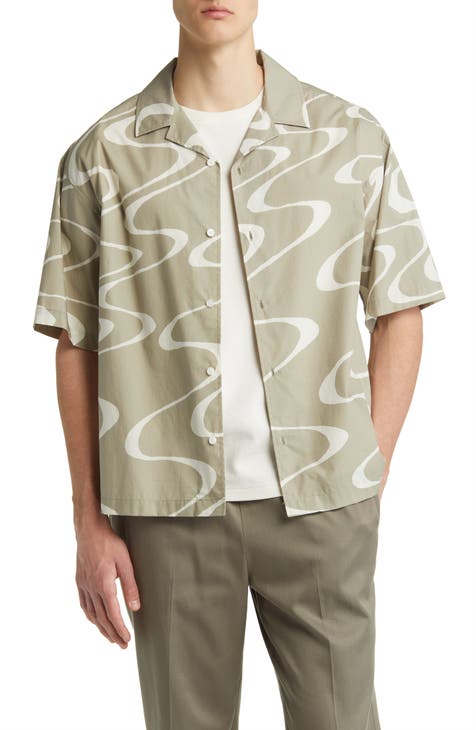 Abstract Wave Print Short Sleeve Button-Up Camp Shirt