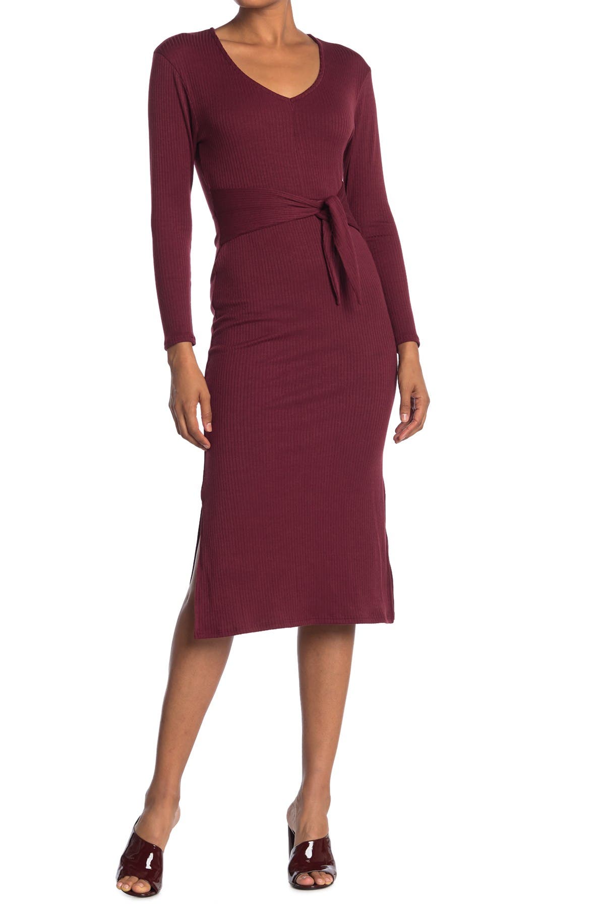 tie waist long sleeve knit midi dress