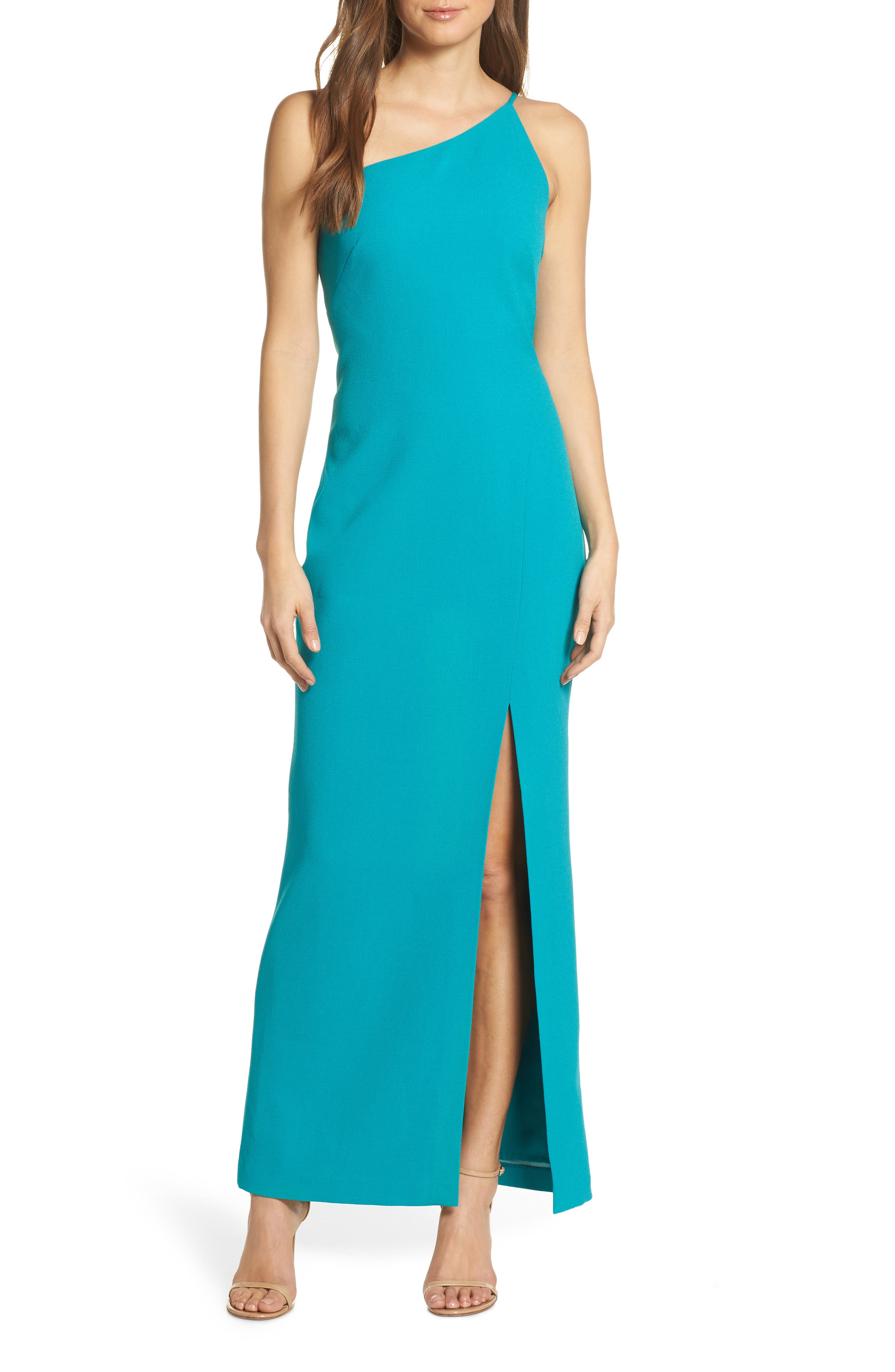 Vince Camuto One-Shoulder Crepe Column Gown, Blue