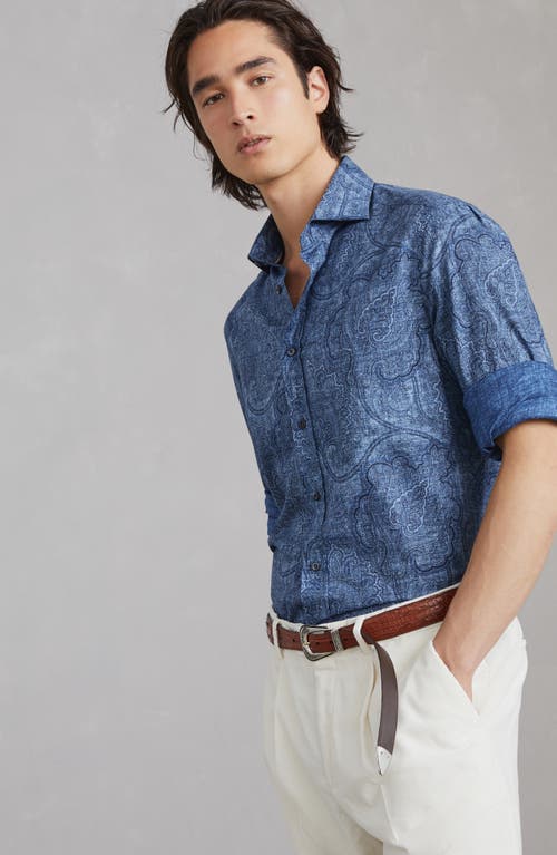 Shop Brunello Cucinelli Paisley Slim Fit Shirt With Spread Collar In Denim