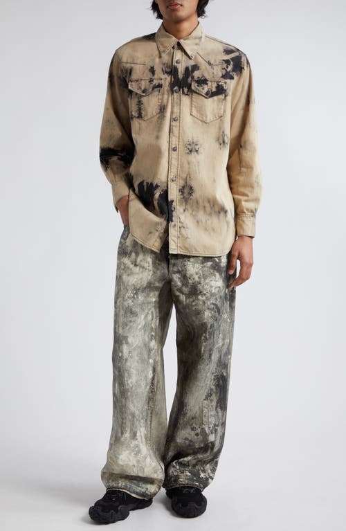 Relaxed Fit Tie Dye Denim Button-Up Overshirt in Black/Beige