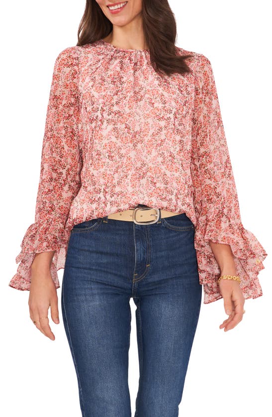 Vince Camuto Flutter Sleeve Floral Print Blouse In Fresh Pink | ModeSens