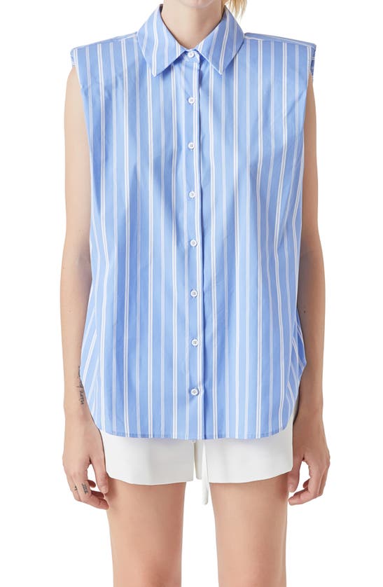 Shop Grey Lab Stripe Power Shoulder Sleeveless Button-up Shirt In Blue/ White
