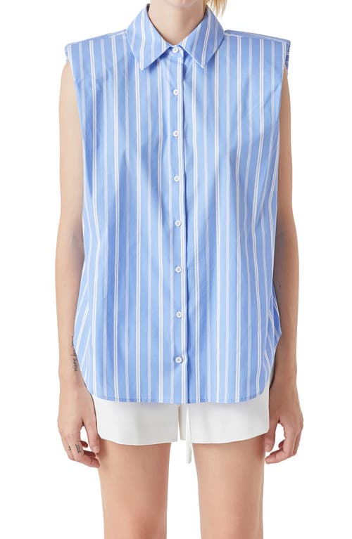 Grey Lab Stripe Power Shoulder Sleeveless Button-up Shirt In Blue/white