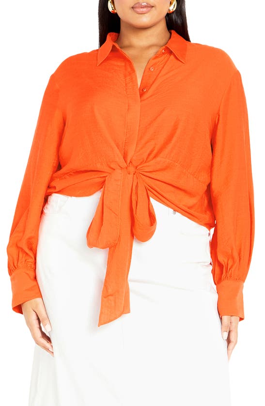 City Chic Rosabella Tie Hem Button-up Shirt In Tangerine Tango
