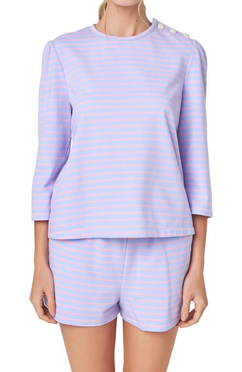 English Factory Puff Sleeve Breton Stripe Cotton Top Lavender/Pink at Nordstrom,