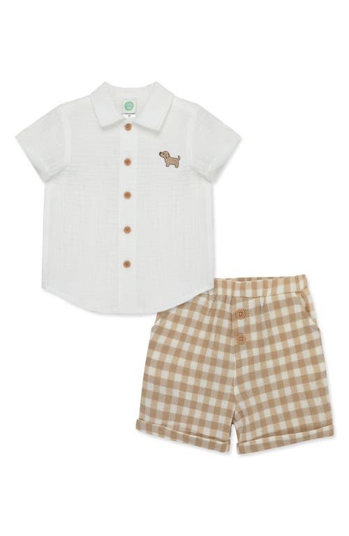 Little Me Puppy Short Sleeve Button-up Shirt & Shorts Set In Tan