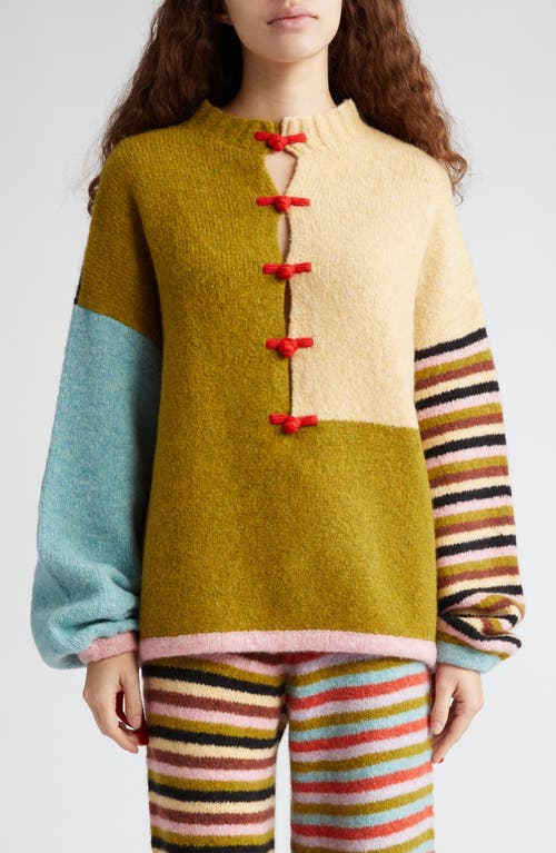 Charlie Wah Colorblock Wool Blend Funnel Neck Sweater in Olive Multi