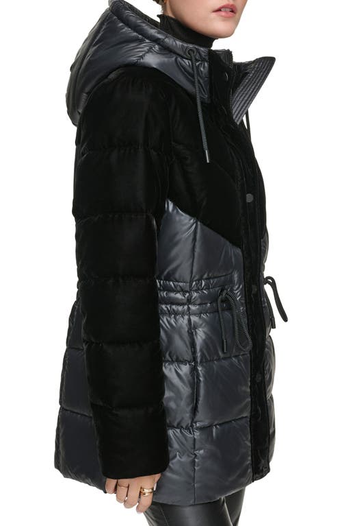 Shop Andrew Marc Velvet Panel Hooded Puffer Jacket In Black