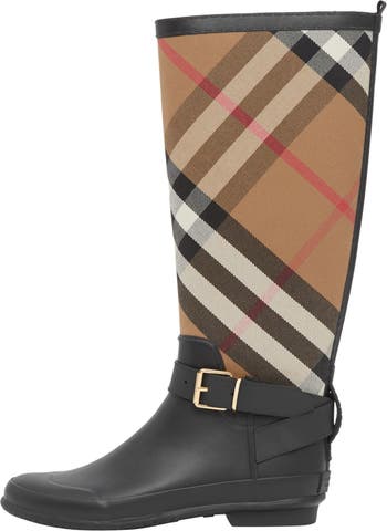 BURBERRY Checked canvas and rubber rain boots