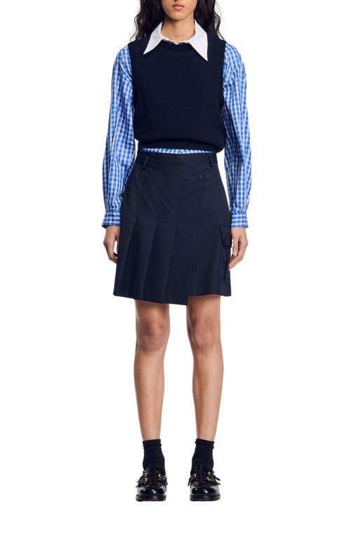 Sandro Short Asymmetrical Pleated Skirt In Navy Blue