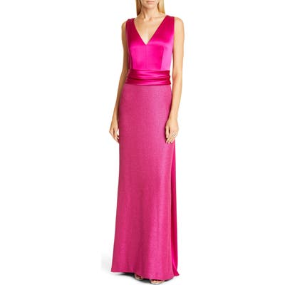 St. John Evening Satin Bodice Textured Metallic Inlay Gown, Pink