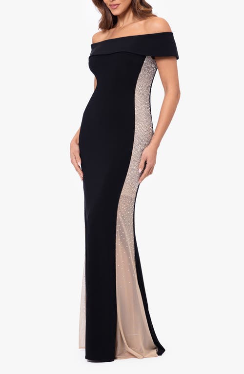 Shop Xscape Evenings Caviar Diamante Off The Shoulder Gown In Black/nude/silver