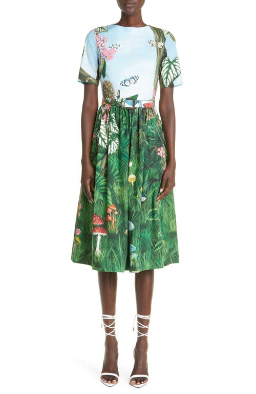 Oscar de la Renta Botanical Forest Print Stretch Poplin Midi Dress in Green Multi