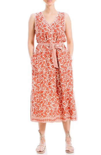 Max Studio Floral Placket Midi Dress In Orange/cream Floral