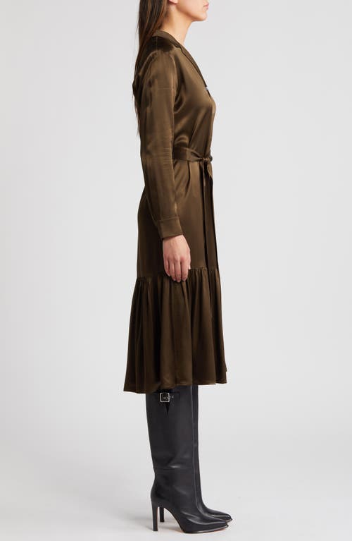 Shop Rails Beatrice Long Sleeve Belted Satin Midi Shirtdress In Moss