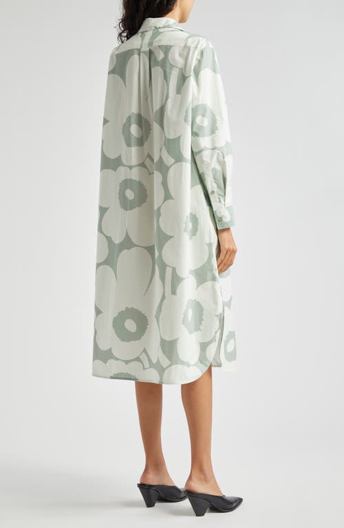 Shop Marimekko Runoelma Unikko Long Sleeve Poplin Shirtdress In Greyish Green/light Green