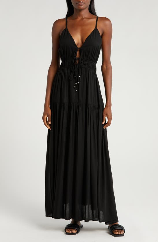 Elan Tie Front Cover-up Maxi Dress In Black