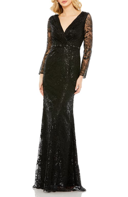 Mac Duggal Sequin Wrap Front Long Sleeve Sheath Gown Black at Nordstrom,