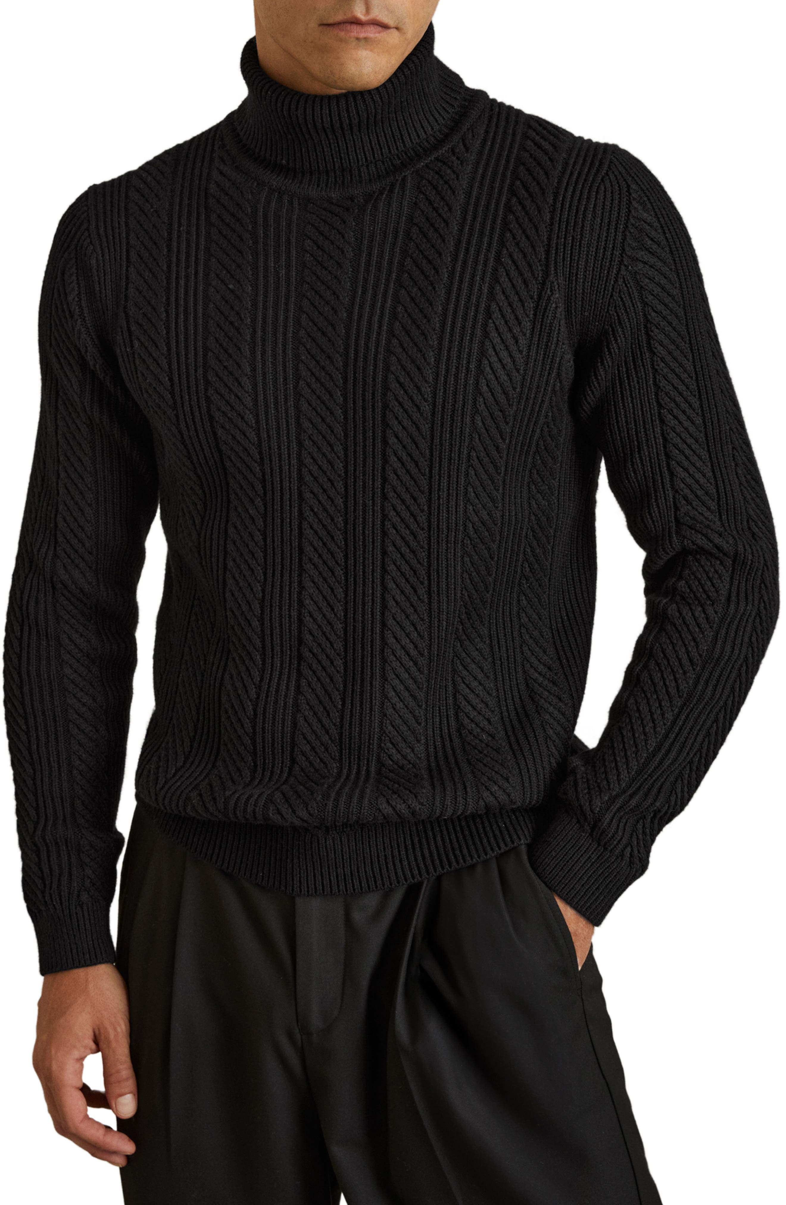 Reiss Flick Mixed Stitch Turtleneck Sweater in Black 