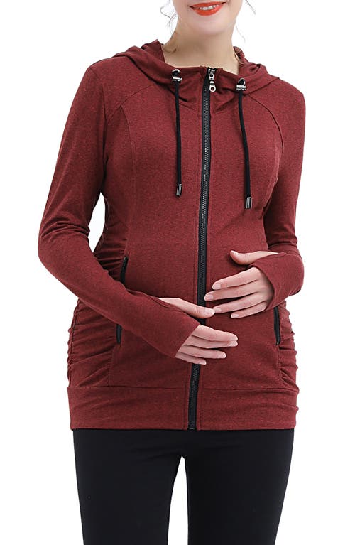 Momo Ruched Zip Maternity Hoodie in Maple Red