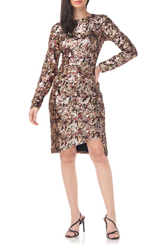 JS COLLECTIONS ZURI FLORAL SEQUIN LONG SLEEVE COCKTAIL DRESS