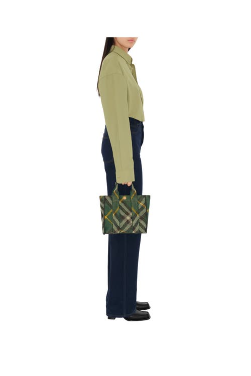 Shop Burberry Mini Check Knitted Tote In Ivy