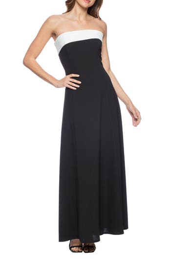 Shop Marina Scuba Strapless Evening Gown In Black/ivory