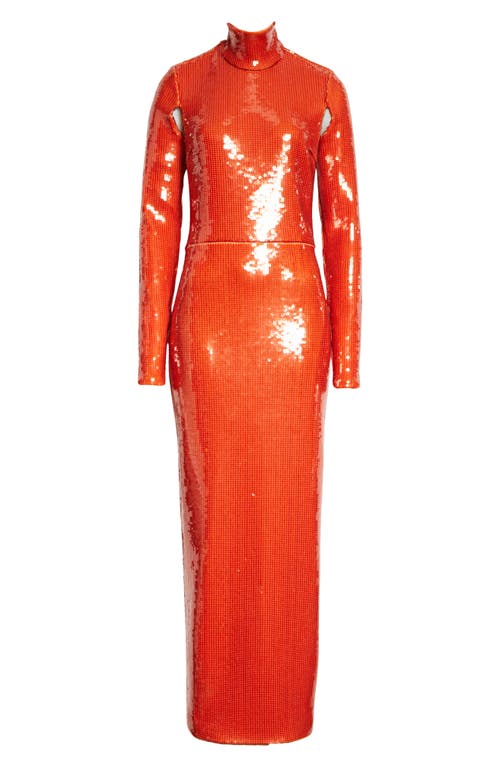 Sequin Mock Neck Long Sleeve Cutout Column Gown in Orange