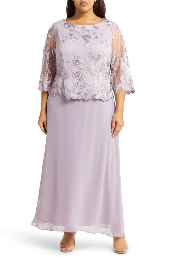 Alex Evenings Floral Embroidered Overlay Gown In Smokey Orchid