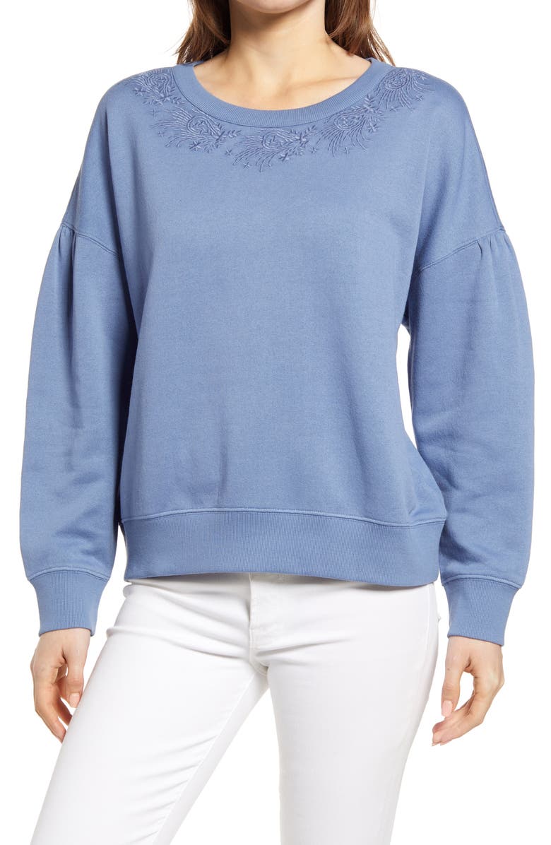 CASLON<SUP>®</SUP> Embroidered Crew Pullover, Main, color, BLUE MOONLIGHT