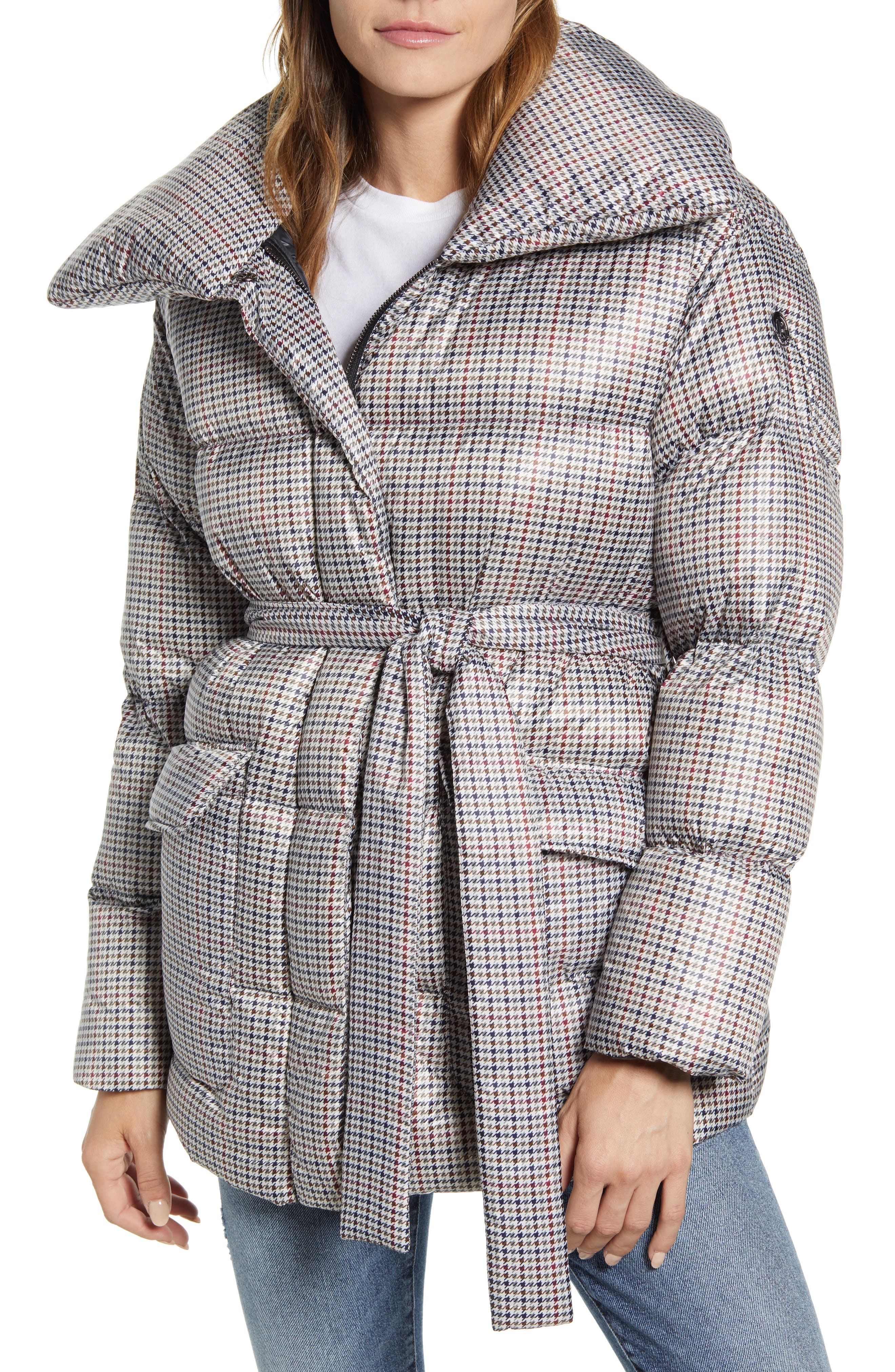 womens long belted puffer coat