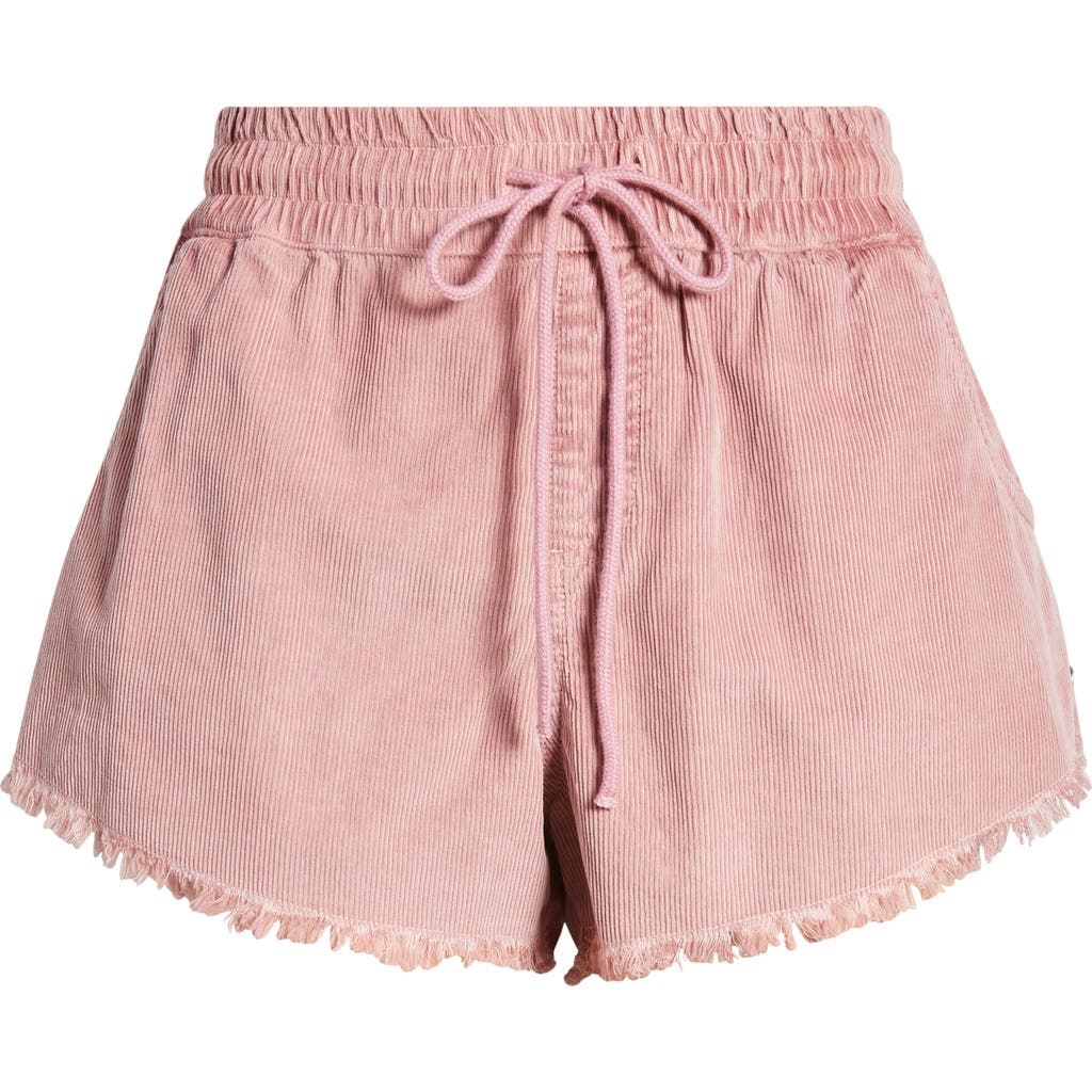 Roxy Scenic Drawstring Waist Fray Hem Cotton Twill Shorts In Mauve Orchid