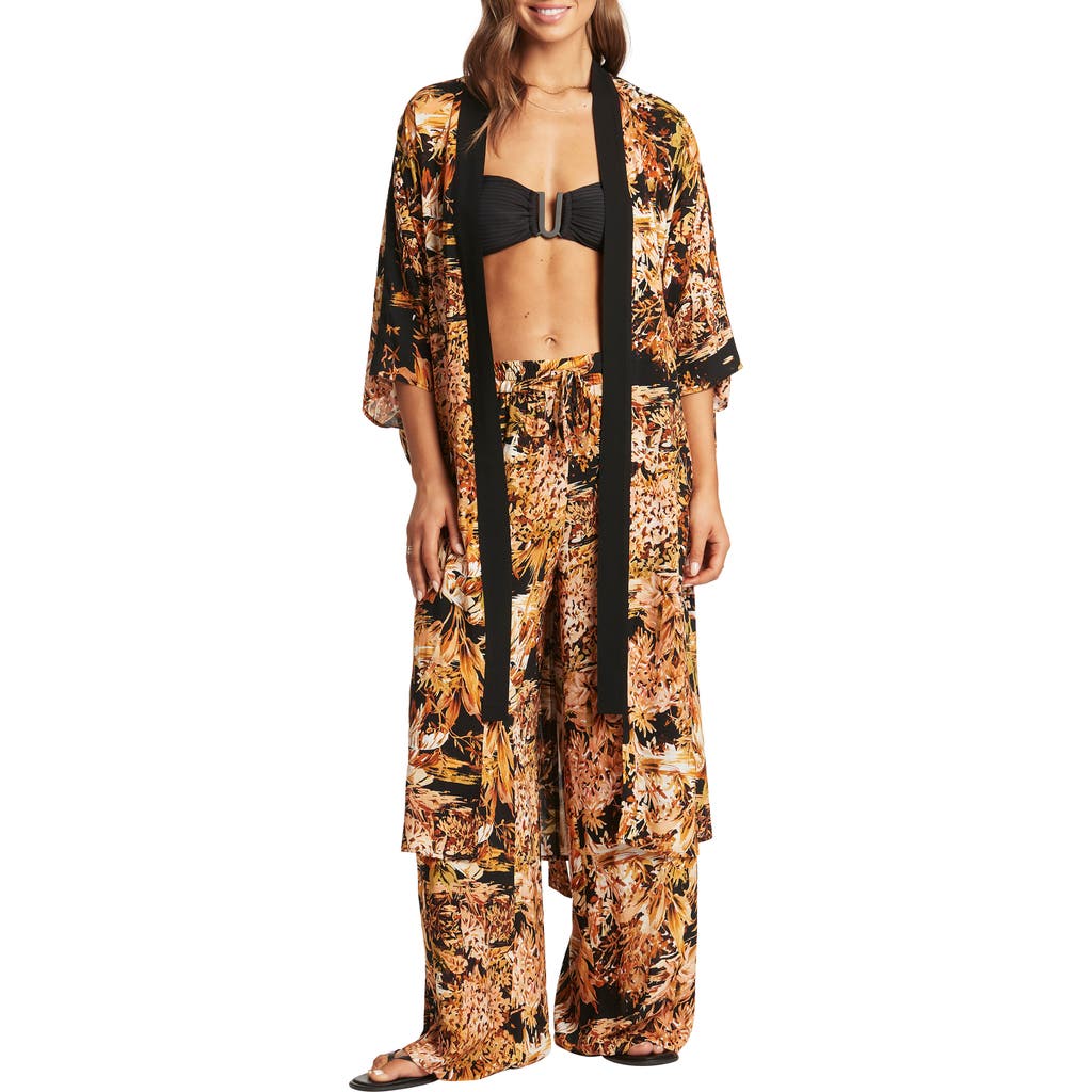 Sea Level Floral Open Front Belted Cover-up In Black