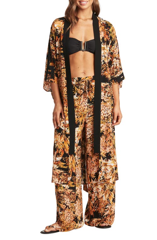 Shop Sea Level Floral Open Front Belted Cover-up In Black