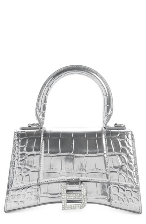 Balenciaga Bb Hourglass Crystal-embellished Croc-effect Metallic Leather  Belt in Gray
