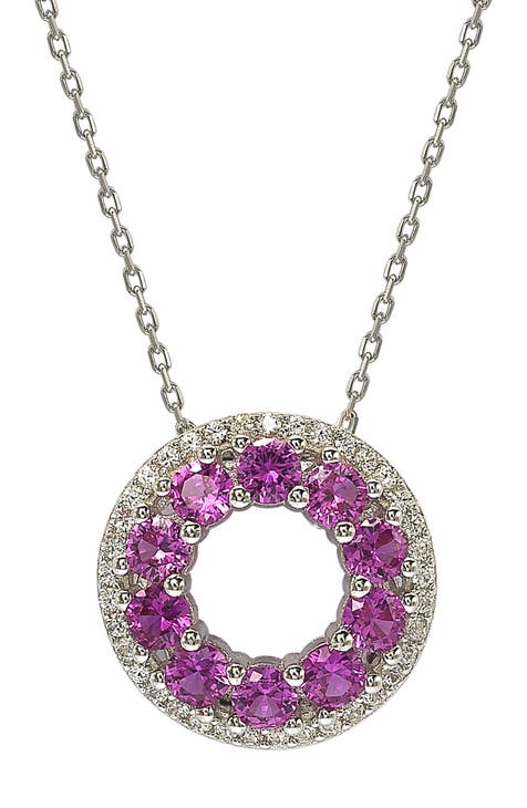 18K Yellow Gold & Sterling Silver Pink & Created White Sapphire Diamond Accent Open Circle Pendant Necklace - 0.02 ctw