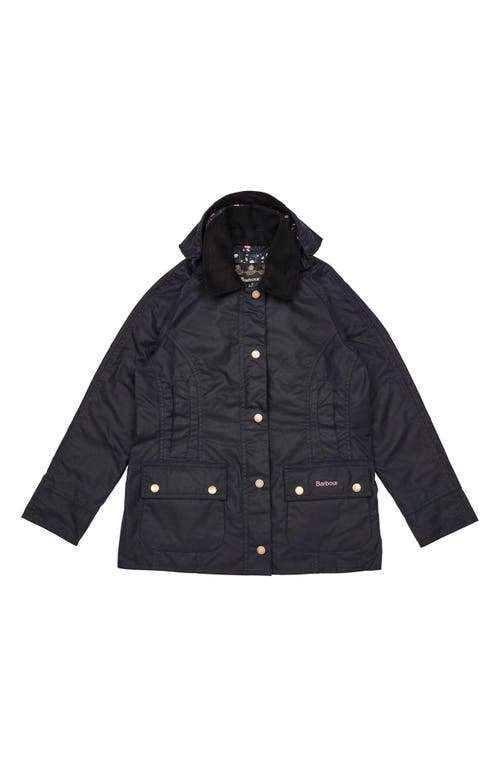 Barbour Kids' Beadnell Hooded Waxed Cotton Jacket in Royal Navy/Flower Bunch