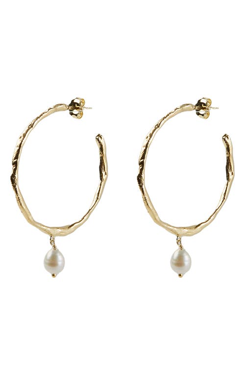 Freshwater Pearl Molten Hoop Drop Earrings in Gold