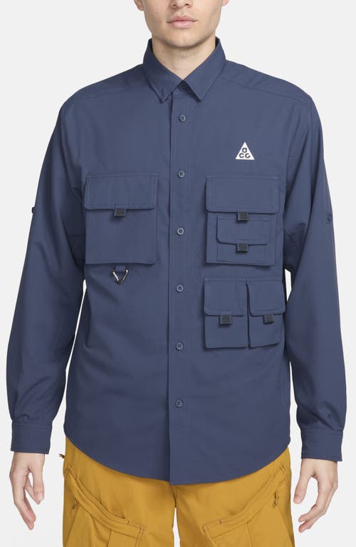 Nike Dri-fit Acg Uv Devastation Performance Button-up Trail Shirt In Thunder Blue/summit White