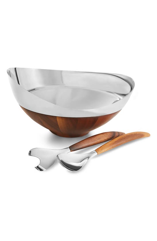 Shop Nambe Pulse Salad Bowl With Servers In Metallic Silver