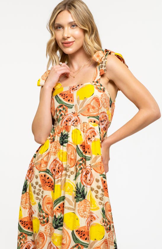 August Sky Fruit Print Tie Strap Midi Sundress In Ivory Multi