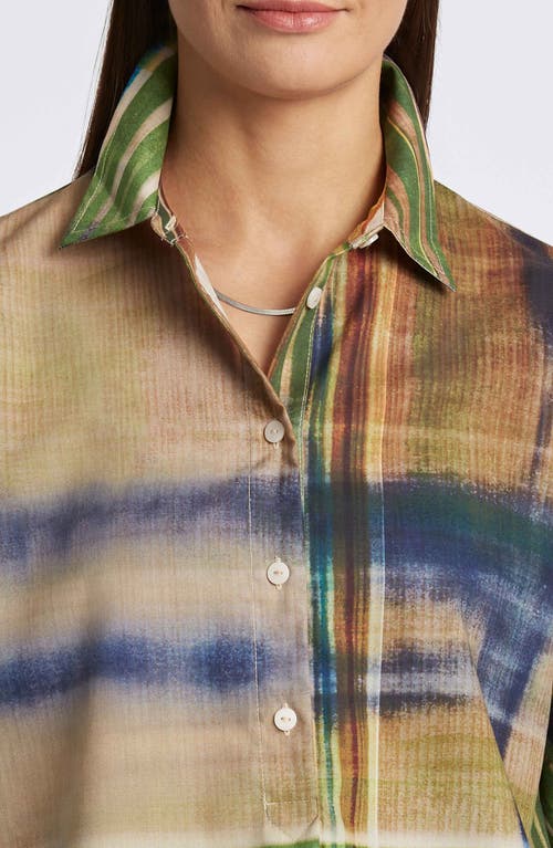 Foxcroft Delia Painterly Stripe Cotton Button-up Shirt In Blue Multi
