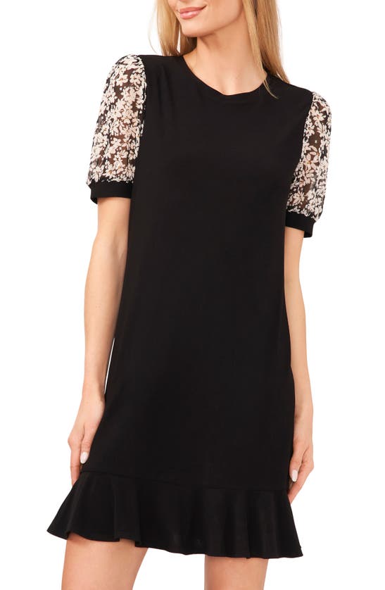 Shop Cece Floral Puff Sleeve Mixed Media Minidress In Rich Black