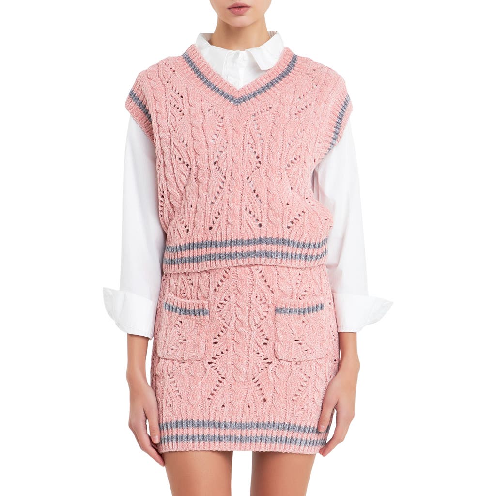 English Factory Stripe Trim Chenille Sweater Vest In Pink/grey